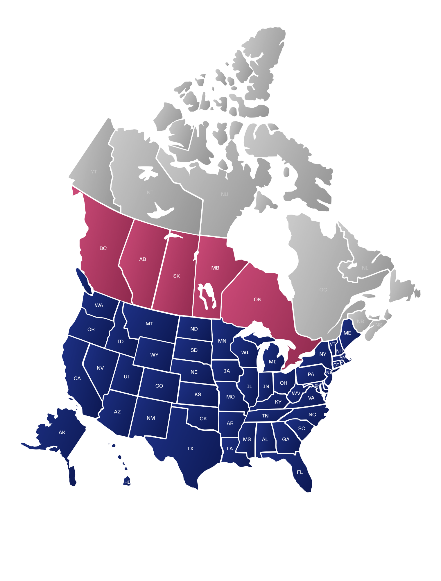 Map of Real's coverage across Canadian provinces and US states